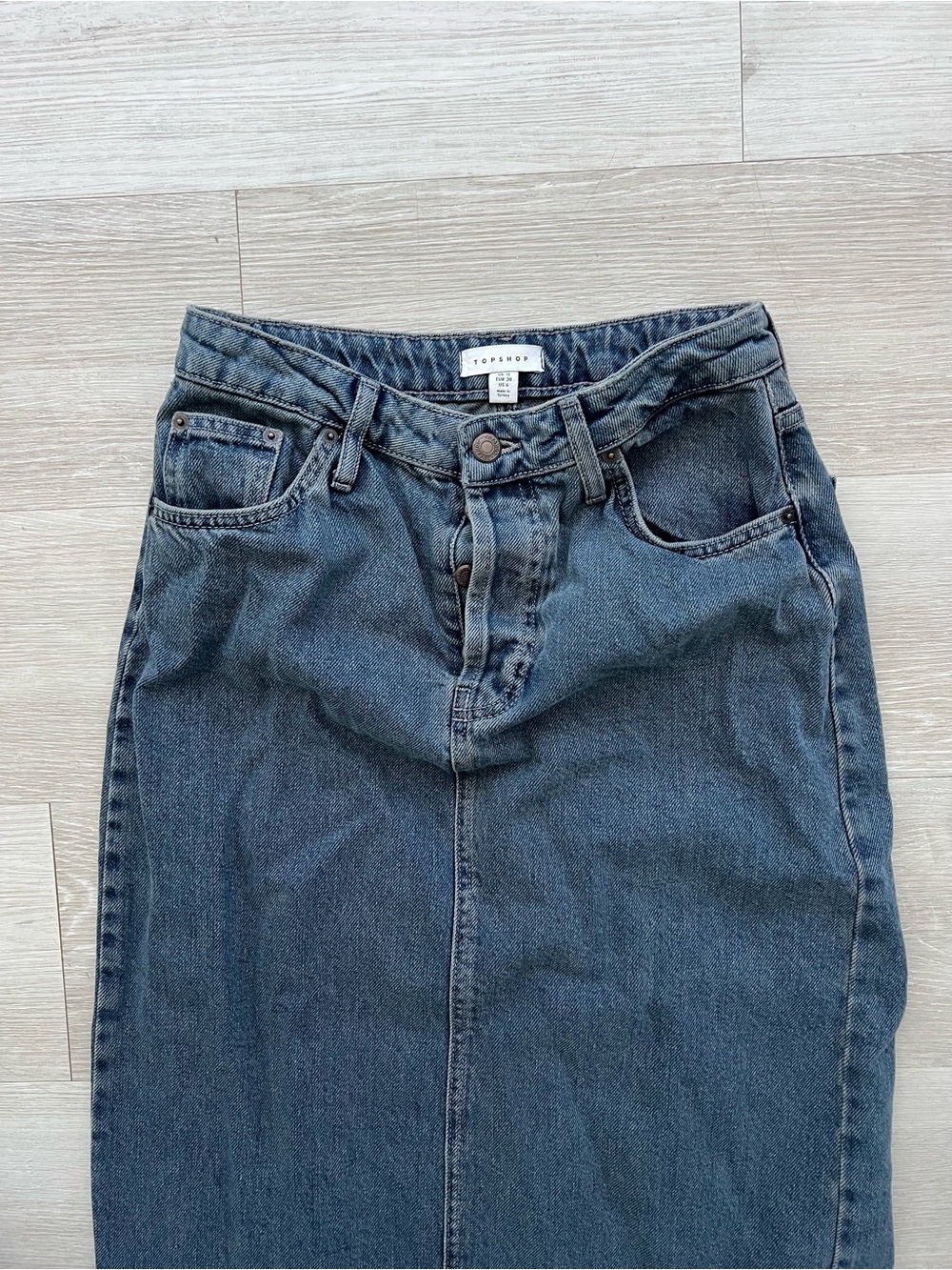 Topshop Dark Wash Denim Midi Skirt Size 6 - Picture 3 of 4